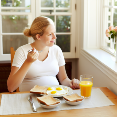 Donna incinta che fa una colazione a base di uova