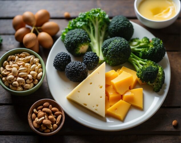 formaggio, broccoli e frutta secca su un tavolo