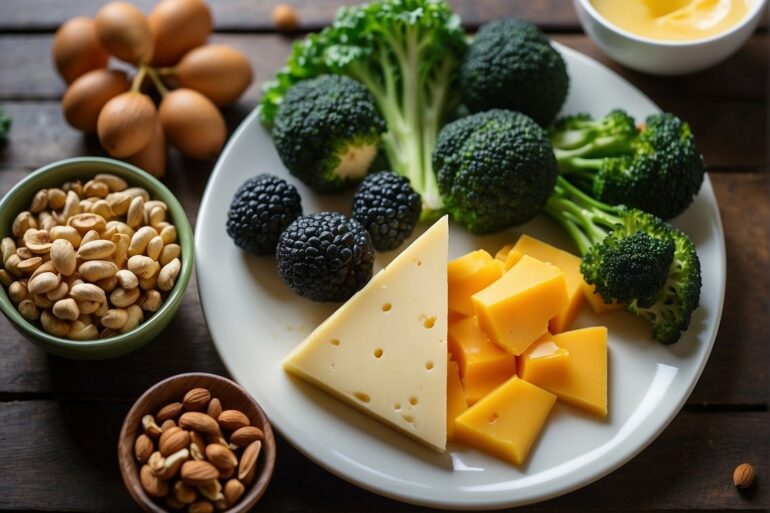 formaggio, broccoli e frutta secca su un tavolo