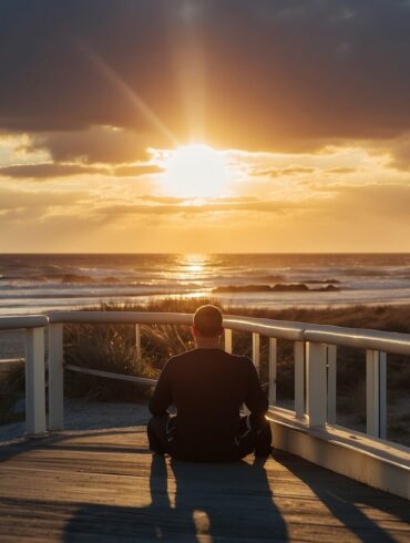uomo che osserva il tramonto di fronte ad una spiaggia