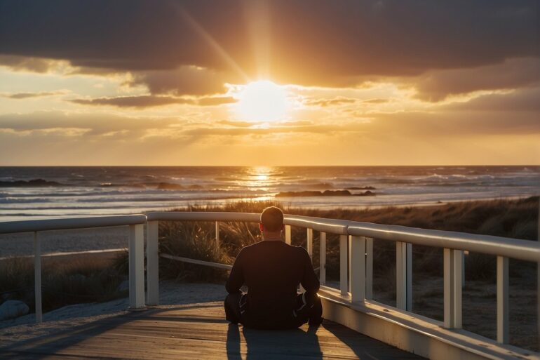 uomo che osserva il tramonto di fronte ad una spiaggia