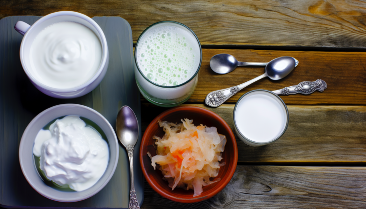 immagine di cibi ricchi di probiotici come yogurt kefir crautio miso