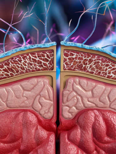 Un'illustrazione scientifica della barriera ematoencefalica, raffigurante una sezione trasversale del cervello umano.