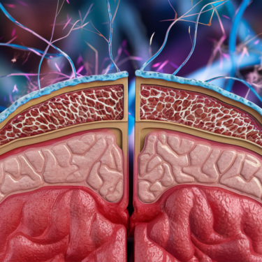 Un'illustrazione scientifica della barriera ematoencefalica, raffigurante una sezione trasversale del cervello umano.