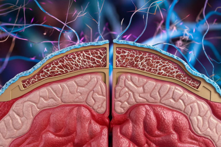 Un'illustrazione scientifica della barriera ematoencefalica, raffigurante una sezione trasversale del cervello umano.