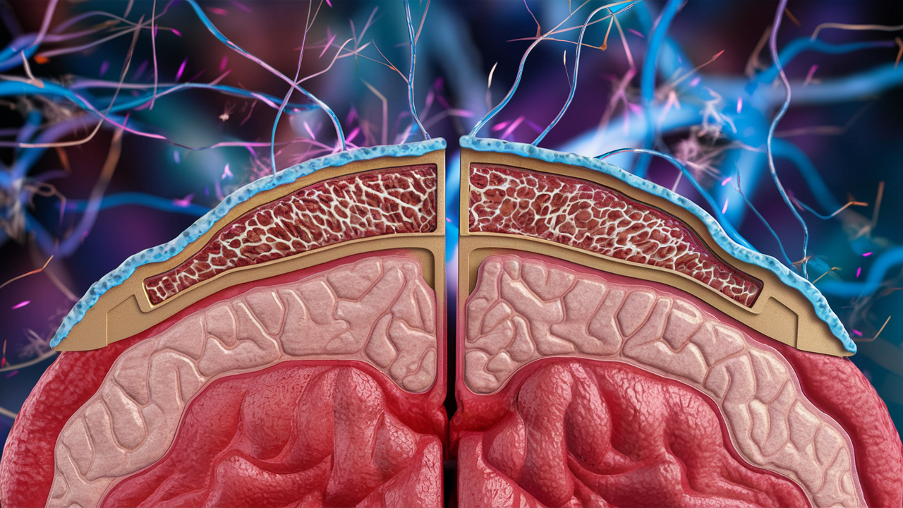 Un'illustrazione scientifica della barriera ematoencefalica, raffigurante una sezione trasversale del cervello umano.