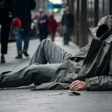 Eroinomane disteso in un marciapiede di una strada metropolitana europea