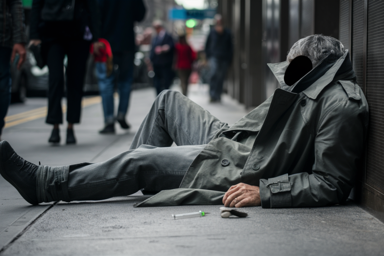 Eroinomane disteso in un marciapiede di una strada metropolitana europea