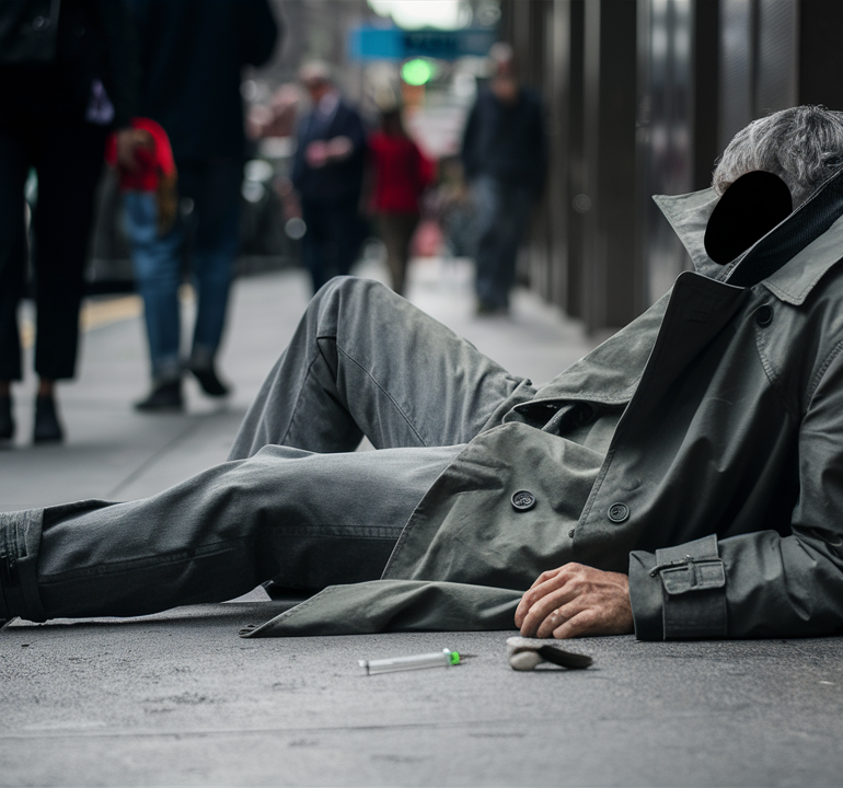 Eroinomane disteso in un marciapiede di una strada metropolitana europea