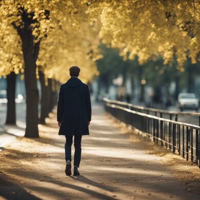 uomo che cammina in un viale alberato