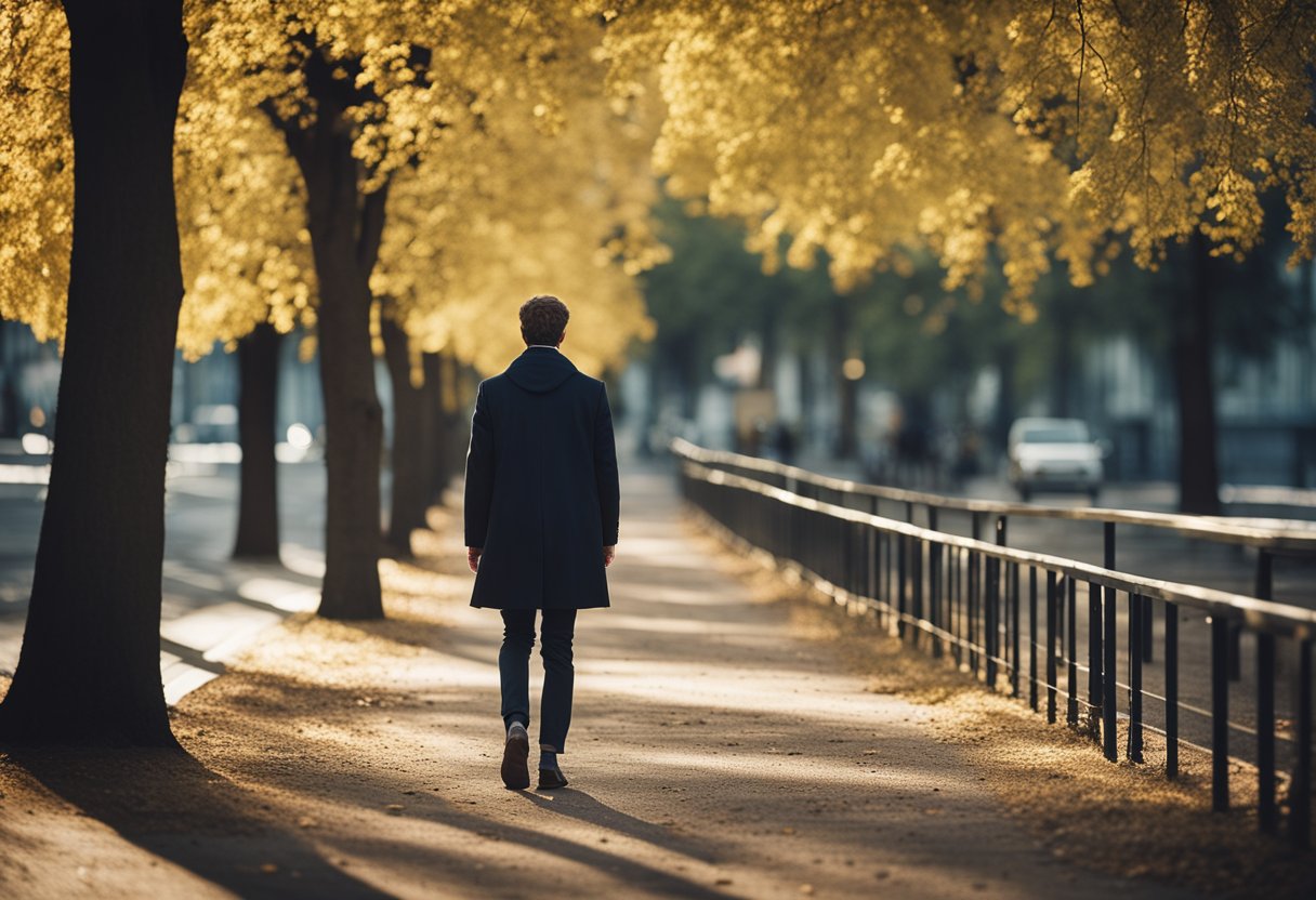 uomo che cammina in un viale alberato